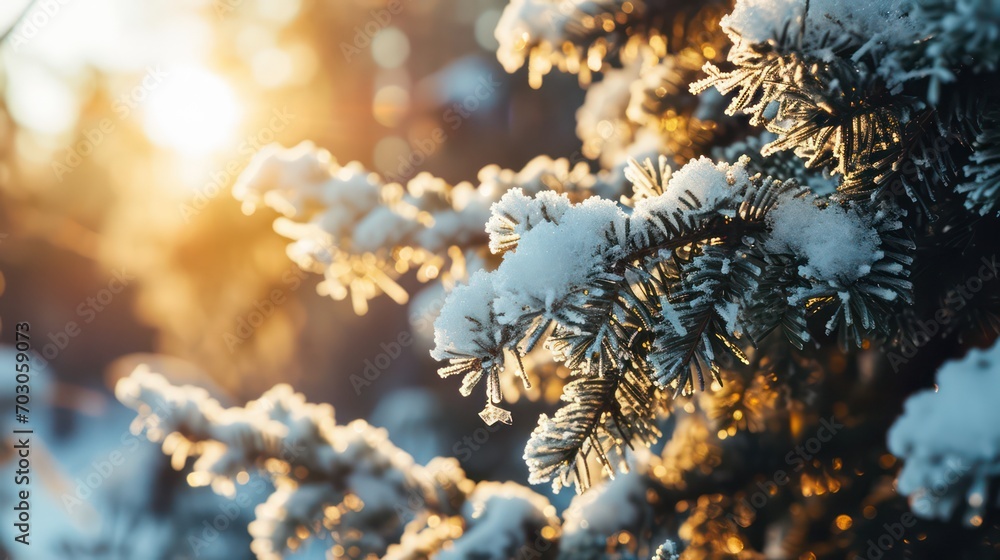 Charming winter scene of a beautiful natural landscape with close-up pine tree branches 
covered in snow. - obrazy, fototapety, plakaty 