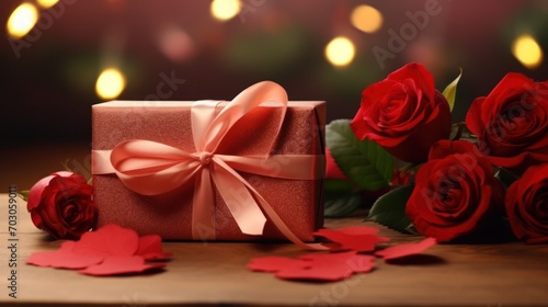 Gift box with red roses on festive background. Romantic celebration and gift-giving.