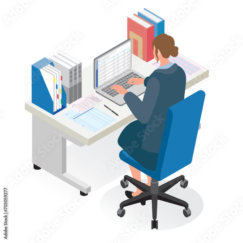 紙の帳簿を電子帳簿に入力している女性のイラスト