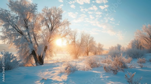 Charming winter scene of beautiful natural landscape with trees, tree branches and snow covered ground