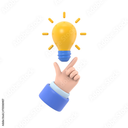 Pointing finger up on bulb as a symbol big idea. Having new creative idea. Problem solution metaphor.3d illustration flat design. Thinking processes. Hand gesture Like.Supports PNG files with transpar photo