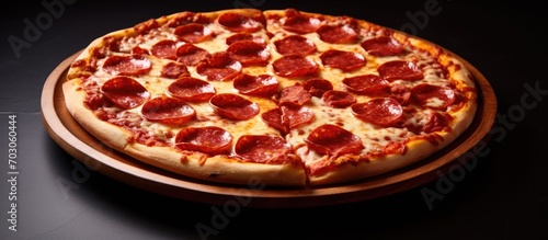 Pepperoni pizza on plate.