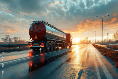 Logistic hydrogen tank on semi trailer truck out for deliver. Truck transporting gas or green hydrogen