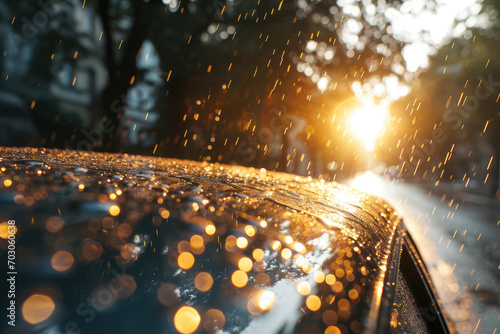Splashing water droplets surrounding car