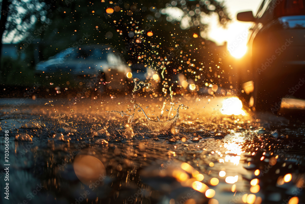 Splashing water droplets surrounding car Splashing water droplets surrounding car