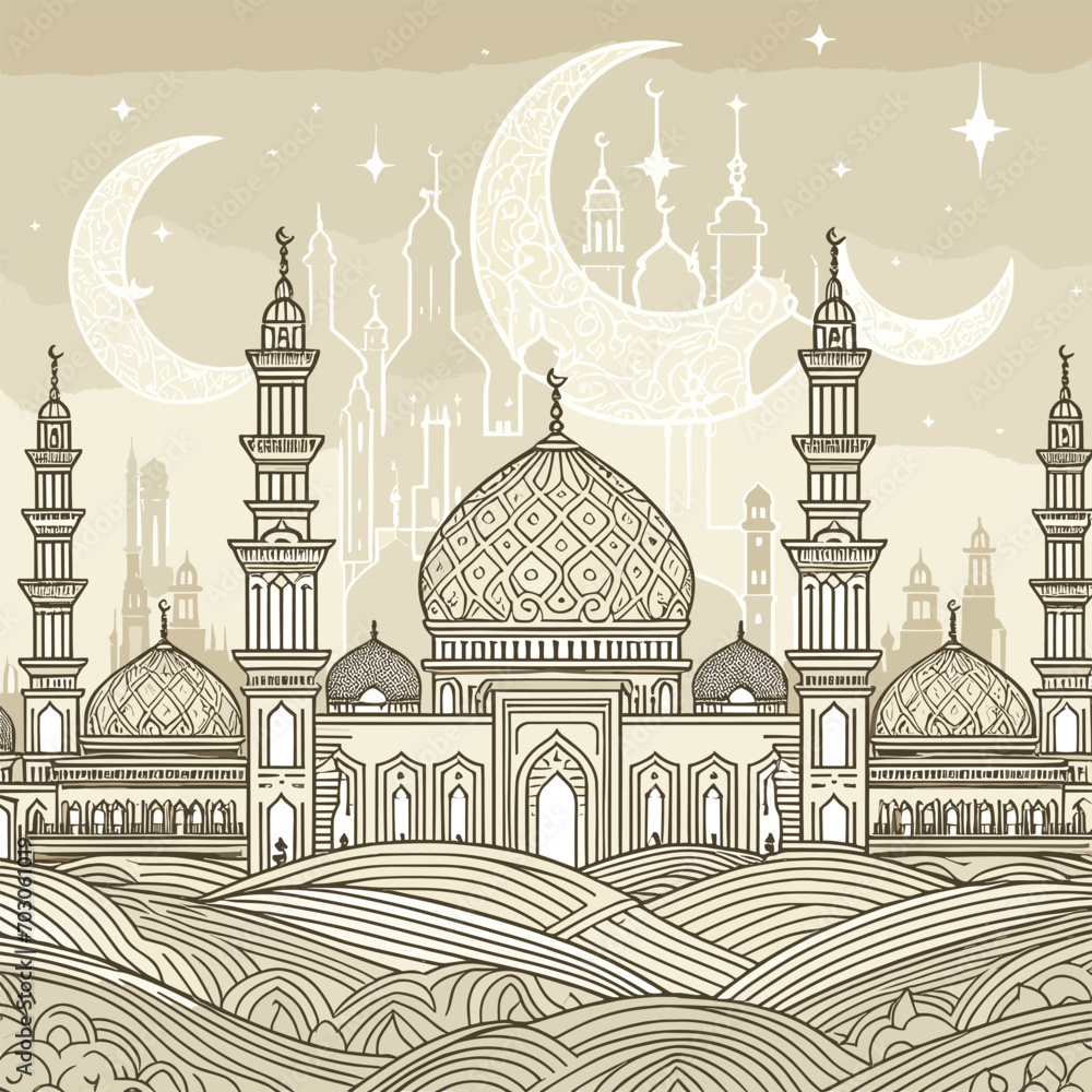 Eid Mubarak or Ramadan Kareem Hand Drawn creative design illustration. Hand Drawn Sketch of Islamic Mosque.