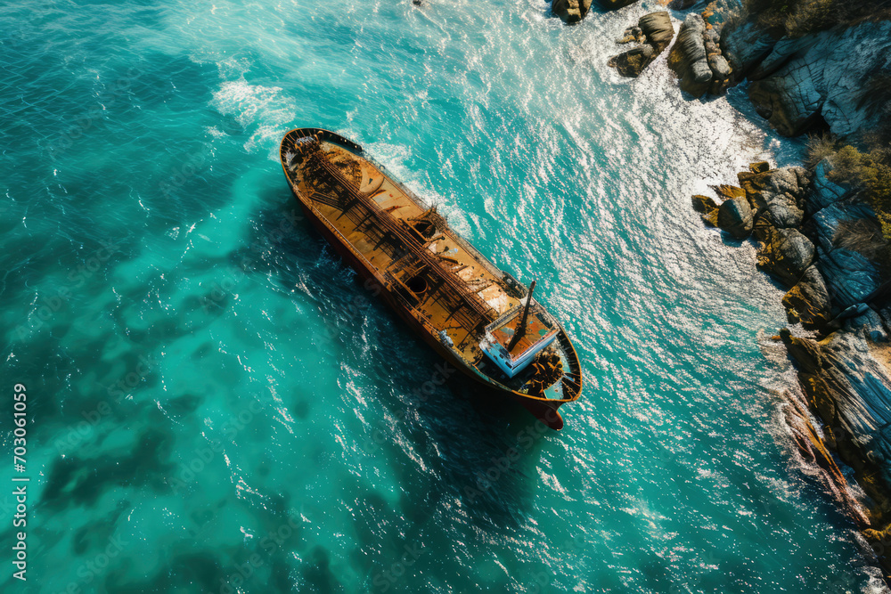 Ecological disaster, oil spill in ocean near tanker, top view. Ecological disaster, oil spill in ocean near tanker, top view.