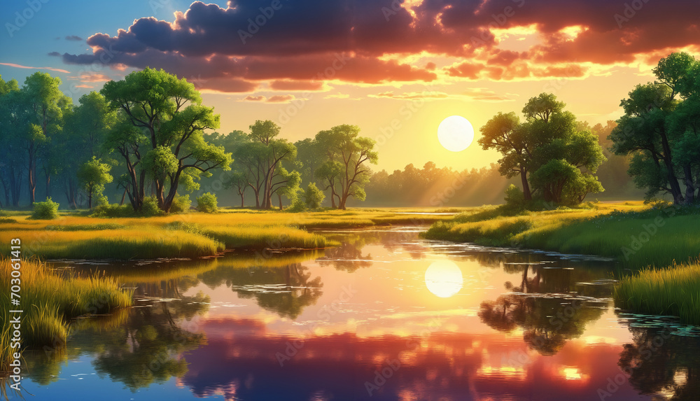 A Majestic Digital Illustration of a Picturesque Nature Scene with a Stunning View of a Forest River and Lake in the Evening Under Cloudy Weather and a Beautiful Sunset. Generative AI