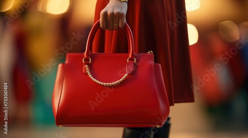 Closeup of a hand holding a red designer handbag with gold hardware.
