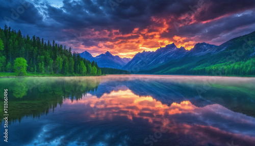 Professional High Quality Illustration of a Great Lake, Towering Trees, and Majestic Mountains with Wildlife Scenery in the Cloudy Sunset. A Picturesque Spring Evening. Generative AI