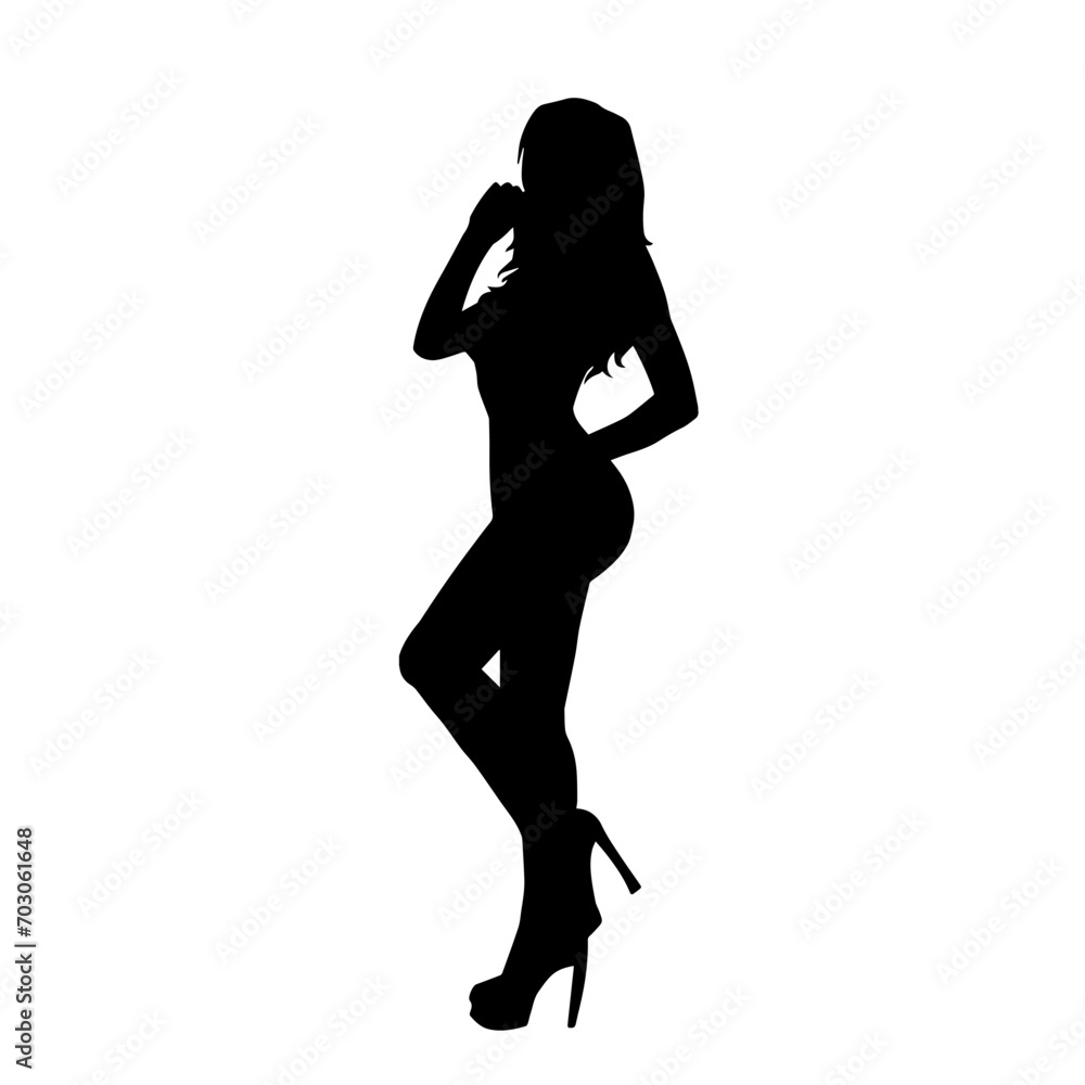 Silhouette of a young slim female model in tight outfit. Silhouette of a slim woman in feminine pose.
