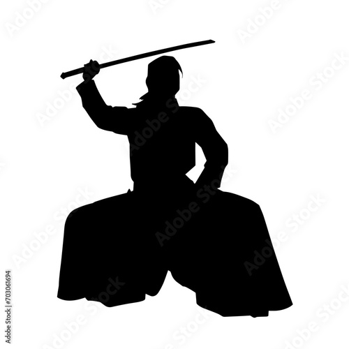 Silhouette of a sword warrior in action pose. Silhouette of a martial art person carrying sword weapon. Silhouette of kendo martial art pose.