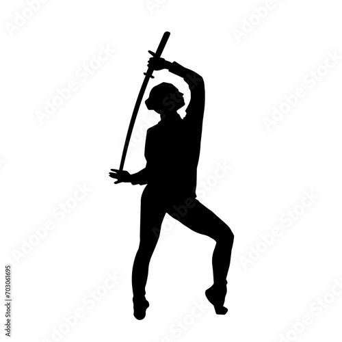 Silhouette of a female fighter in action pose carrying sword weapon.
