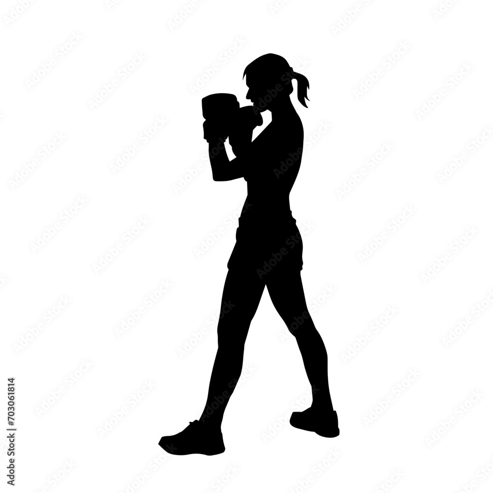 Silhouette of woman boxing athlete in action pose. Silhouette of a female wearing boxing gloves for boxing sport.