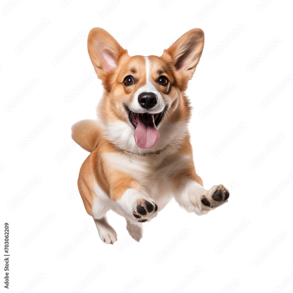Corgi dog puppy jumping and playing isolated on white, transparent background Corgi dog puppy jumping and playing isolated on white, transparent background