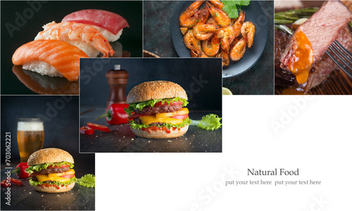 A collage of photos of various types of natural food. Seafood and meat dishes.