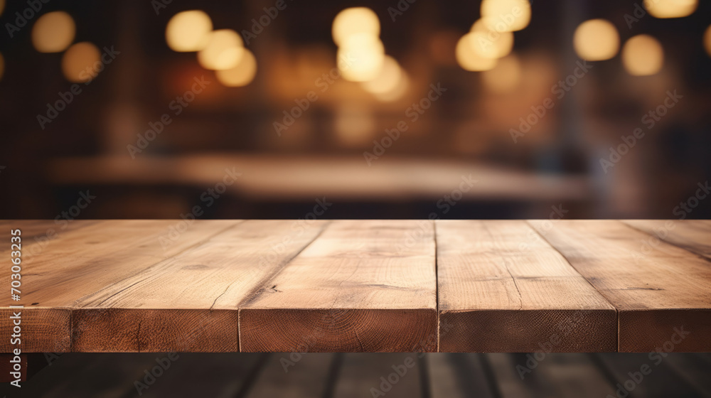 A wooden table with blurry lights in the background A wooden table with blurry lights in the background