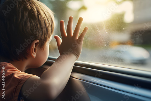 child boy looking out car window. Alone in the car. copy space. photo
