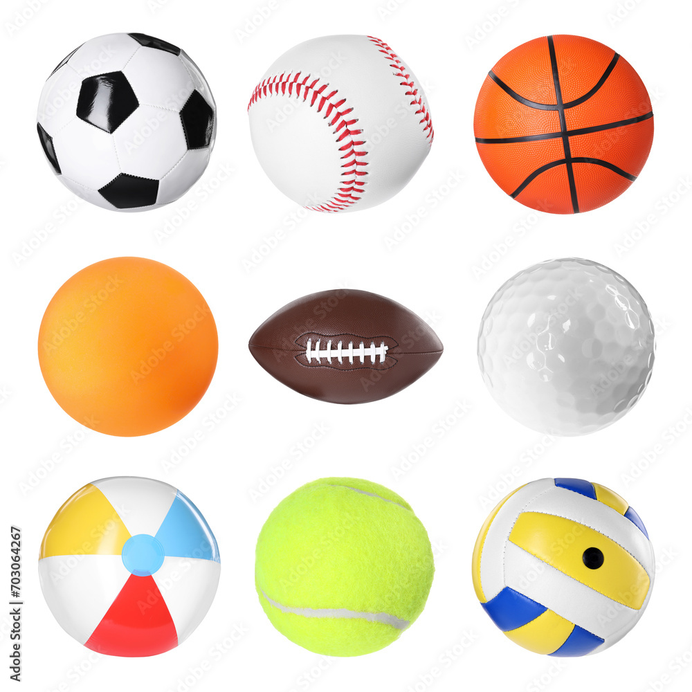 Different balls for various sports isolated on white, collection