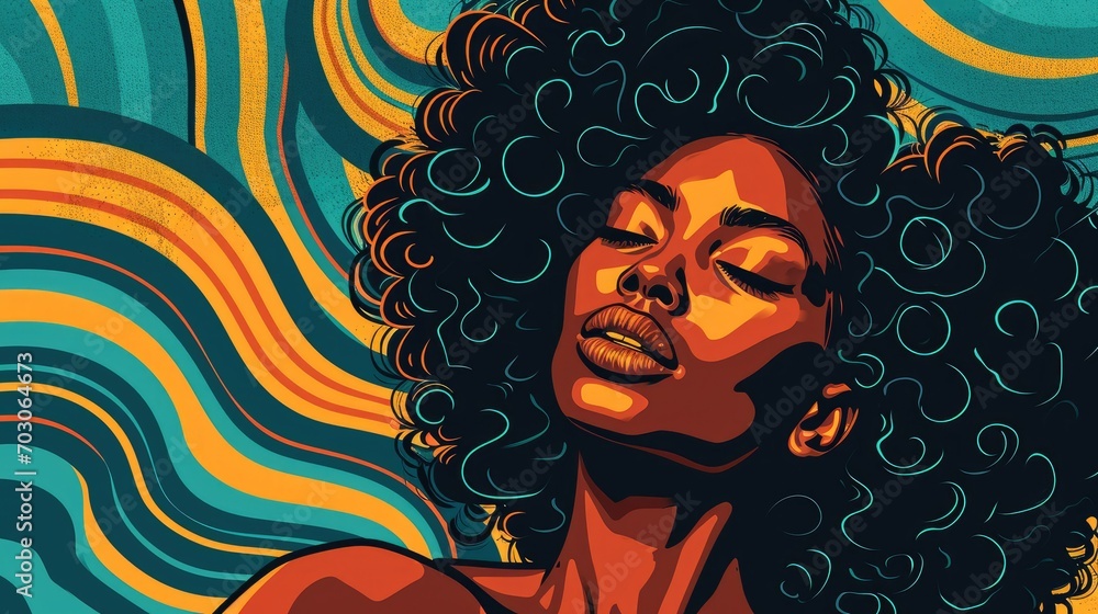 Illustration of a black woman, Her hair is shoulder length. Vintage background. Neon colors.  