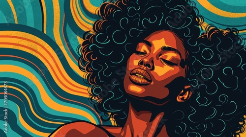 Illustration of a black woman  Her hair is shoulder length. Vintage background. Neon colors.  