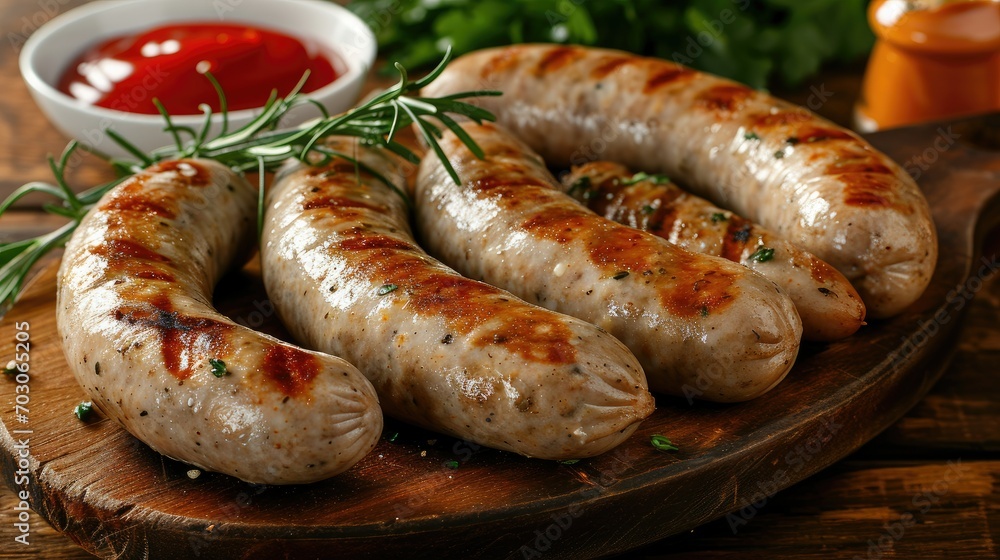 very delicious looking sausages are on a cooked wooden serving plate on a wooden table,ketchup very delicious looking sausages are on a cooked wooden serving plate on a wooden table,ketchup
