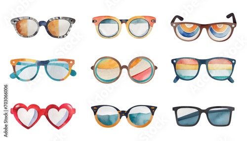 watercolor graphic resources with transparent background, eyeglasses drawing set / collection