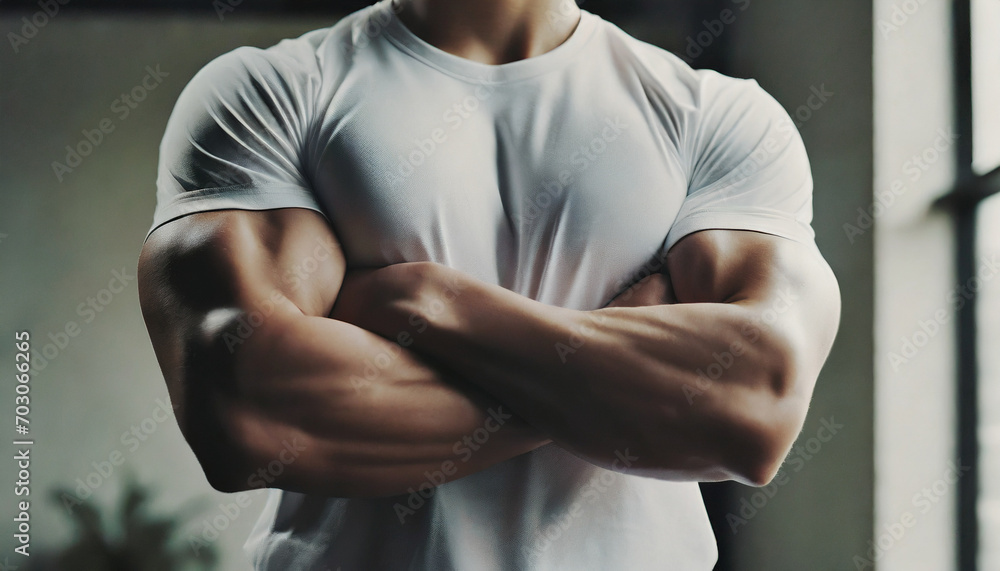 Man folding arms, white T-shirt, muscles, close-up - obrazy, fototapety, plakaty 