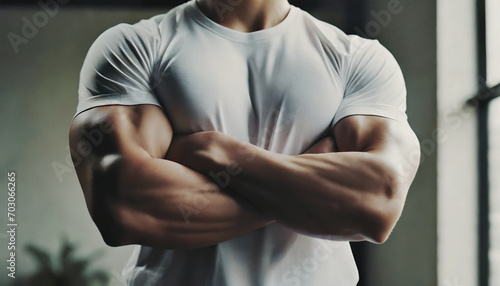 Man folding arms, white T-shirt, muscles, close-up photo