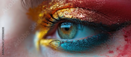 Closeup of vibrant eye makeup.