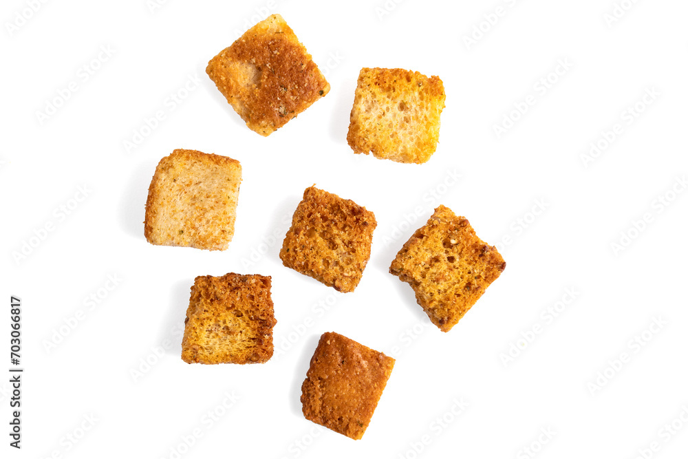 Heaps of delicious crispy fried croutons isolated on white, set Heaps of delicious crispy fried croutons isolated on white, set