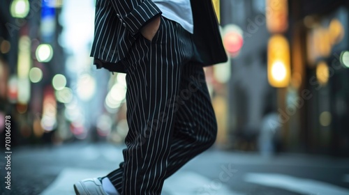 Effortlessly cool in a uni pinstripe suit, clean white sneakers, and a basic black tshirt.