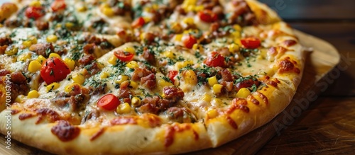 Take-away dish of American pan pizza with cheese, chicken sausage, kebab meat, and corn on a wooden board.