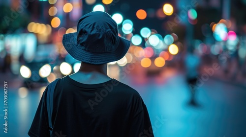 Minimalist charm Keep it simple and stylish with this electric blue bucket hat, oversized black tshirt, and blue shorts look that exudes minimalist charm but still makes a bold statement. photo