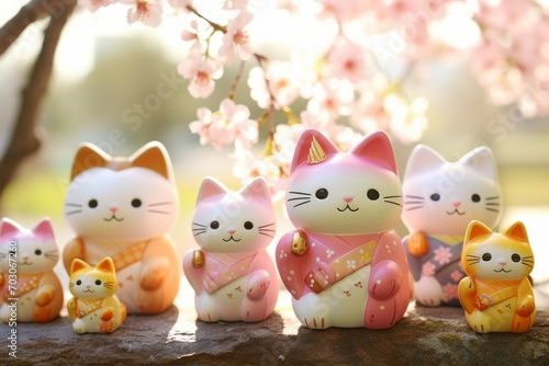 Japanese lucky cats (maneki neko) celebrating with the cherry blossoms, cute and lovely smiling, in a spring sunny day...