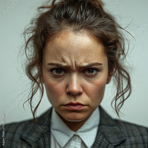 Studio portrait of angry bussines woman, close up with grey background