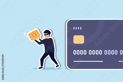 Credit card or debit card payment account fraud, hacker or criminal use phishing to steal online money, data or personal identity concept, thief in black steal smart ship from debit or credit card.