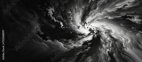 Abstract 3D rendering shows swirling dark matter in space, intense black and white map.