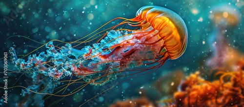 Jellyfish in water with tentacles, vibrant colors. © TheWaterMeloonProjec