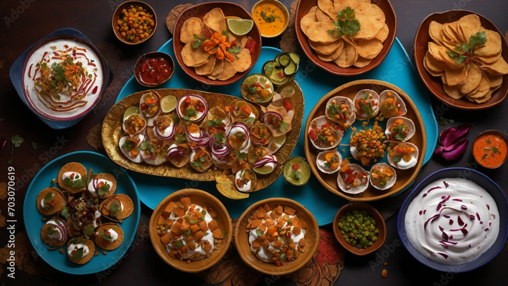 Arrange a visually appealing platter with a generous serving of papri chaat Arrange a visually appealing platter with a generous serving of papri chaat