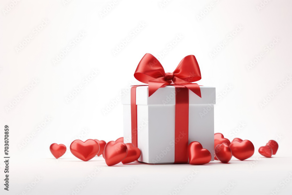 Obraz premium white box with red ribbon and bow, with hearts. gift for valentine's day, white background.