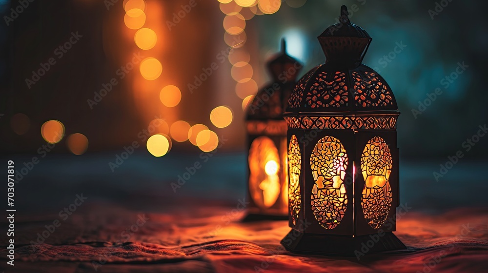 Arabic lantern with burning candle, glowing golden bokeh lights, islamic ramadan background - obrazy, fototapety, plakaty 