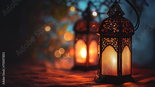 Arabic lantern with burning candle  glowing golden bokeh lights  islamic ramadan background