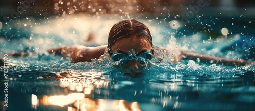 Female swimmer engaging in sports and fitness, training and competing in races with an active, healthy lifestyle.