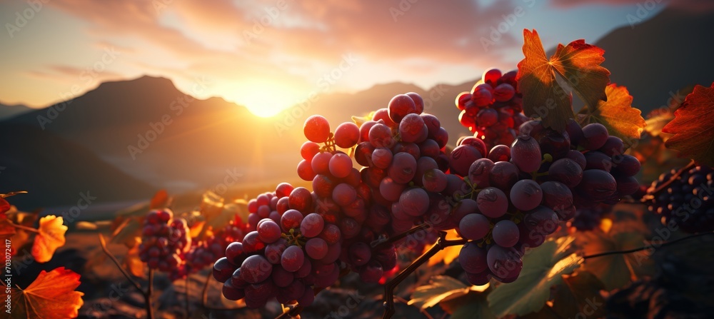 Golden sunlight on vineyard grapevines   ideal for wine promotions or event showcases. - obrazy, fototapety, plakaty 