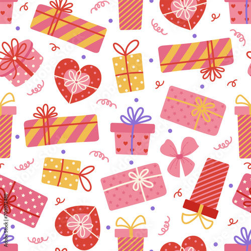 Gift boxes seamless vector pattern. Colorful presents with ribbon, bow. Containers packed in wrapping paper with hearts, stripes, polka dots. Romantic surprise for Valentines Day. Cartoon background
