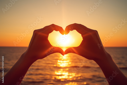 Hands Forming a Heart Shape Against Ocean Sunset