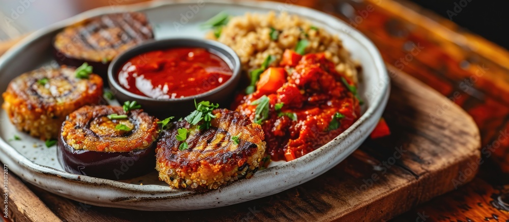 Gourmet tapas snack with vegan quinoa cakes, roasted eggplant, and spicy red pepper sauce