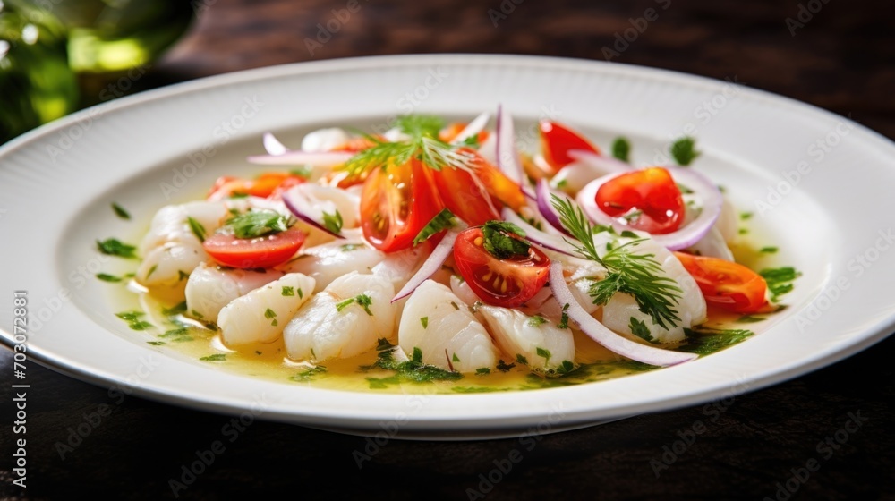 A captivating shot highlighting a modern twist on Peruvian ceviche. Tender morsels of fish are marinated in a refreshing blend of citrus juices and mixed with diced tomatoes and crisp cucumber A captivating shot highlighting a modern twist on Peruvian ceviche. Tender morsels of fish are marinated in a refreshing blend of citrus juices and mixed with diced tomatoes and crisp cucumber