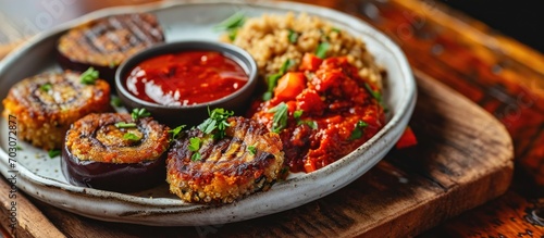 Gourmet tapas snack with vegan quinoa cakes, roasted eggplant, and spicy red pepper sauce